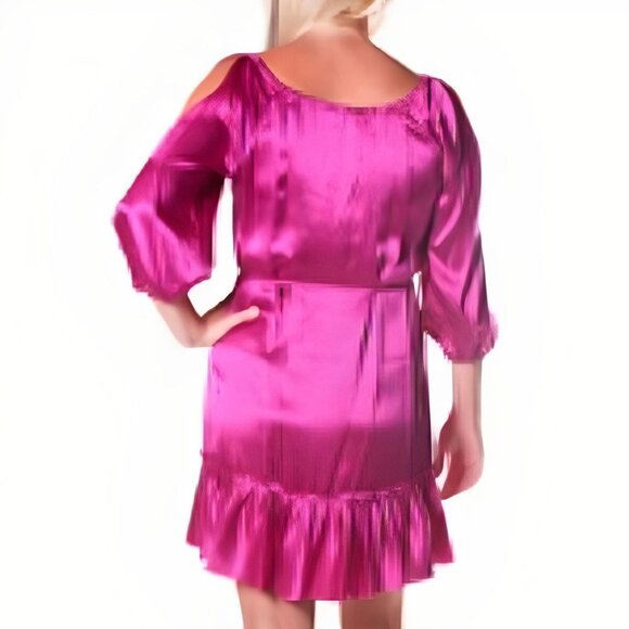 Hale Bob Fuschia Silk Mini Dress Cold-Shoulder Ruffle Hem & Tie Waist Size Small - Picture 2 of 9